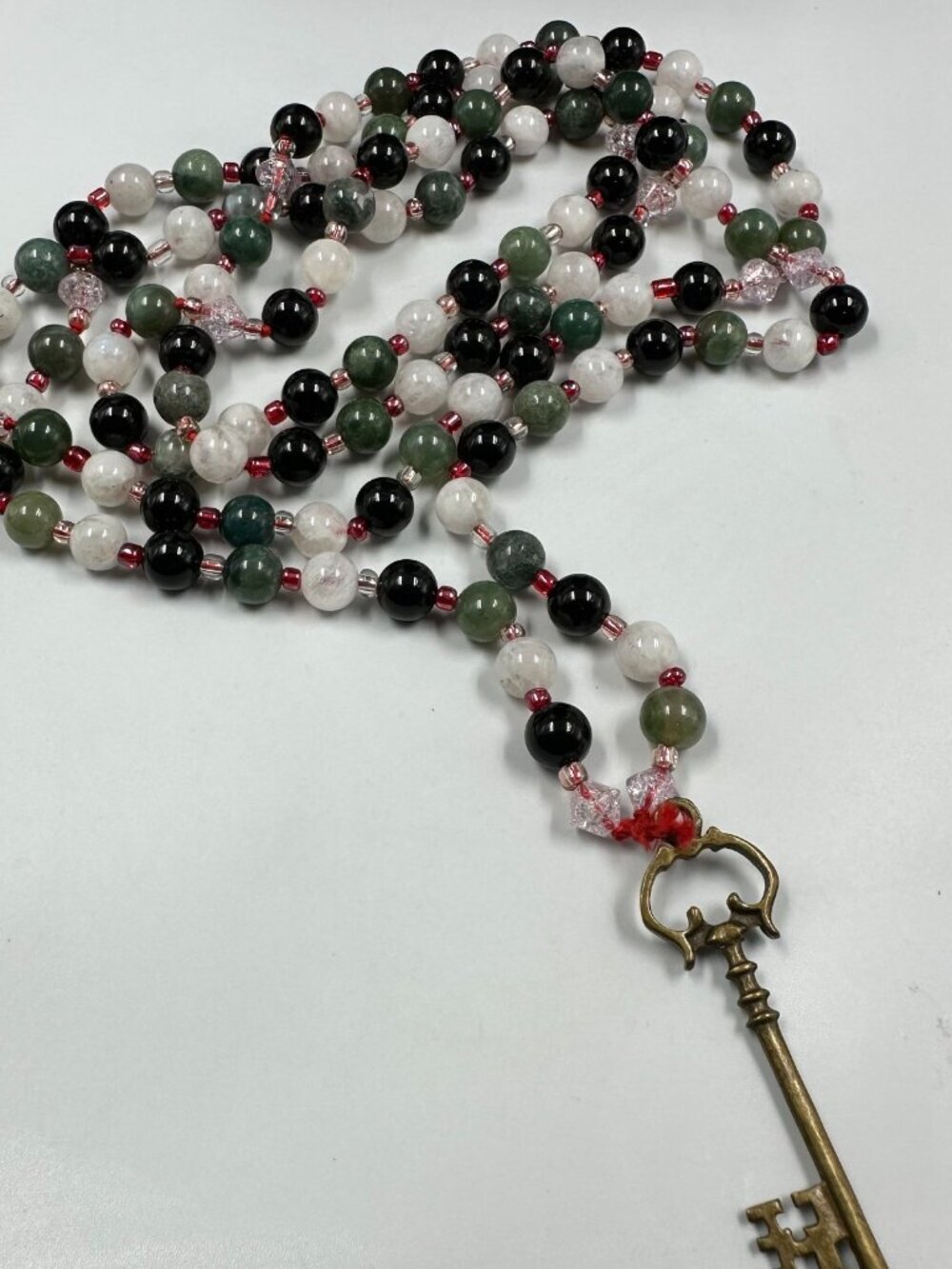 Key Pendant Necklace Long Stone Beads Black Green White Earthy Artisan Statement